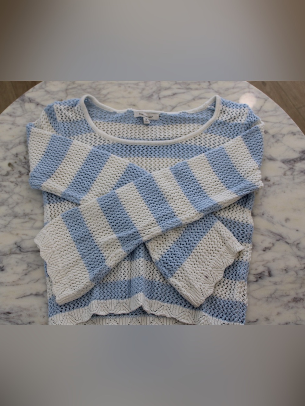 Francesca's Collections Light Blue and White Striped Open-Knit Long Sleeve